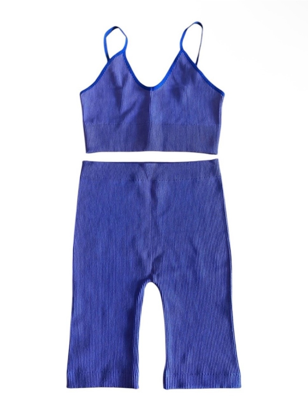 Ribbed Crop Tank & High-Waist Bike Shorts Set - Cobalt Blue